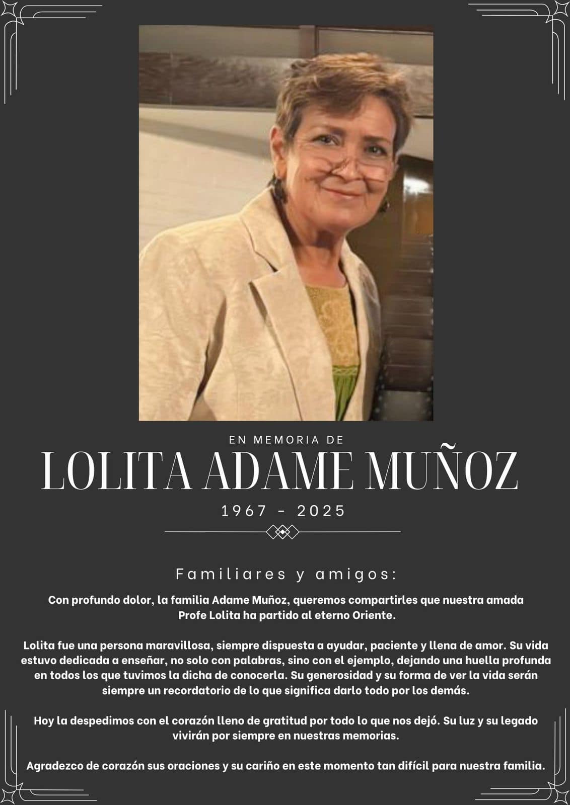 Fallecimiento de Lolita Adame Muñoz